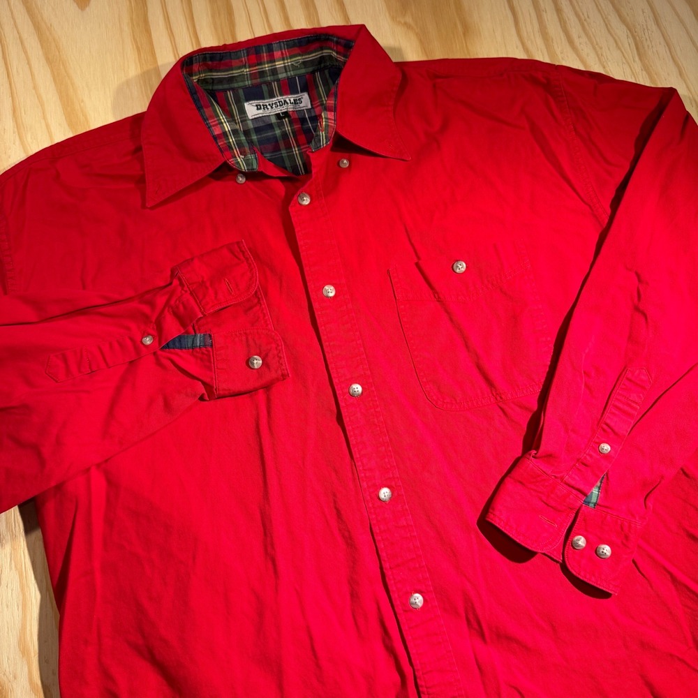 Drysdales Men's Western Button Up Shirt Red Plaid Trim Long Sleeve Large